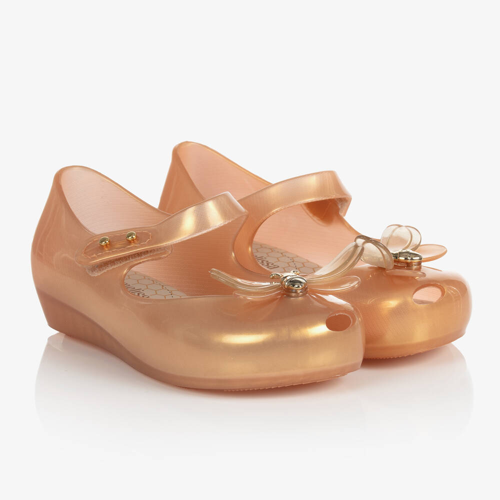 Mini Melissa - Золотистые резиновые туфли с жуками | Childrensalon
