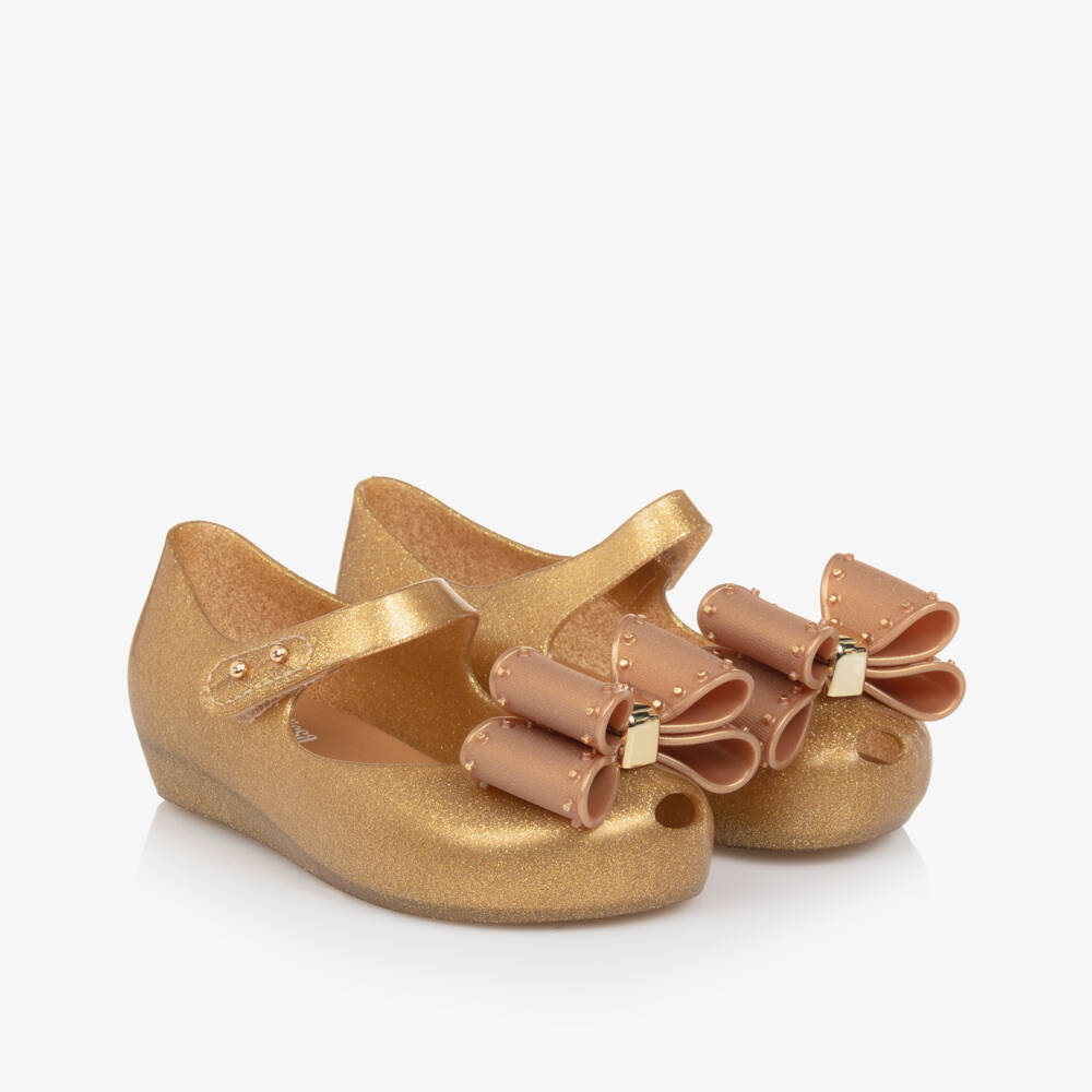 Mini Melissa-Girls Golden Bow Bar Flats | Childrensalon Outlet