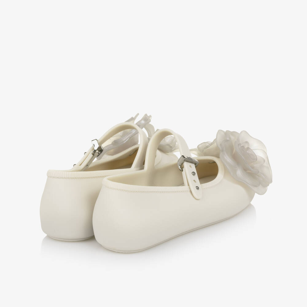 Mini Melissa-Girls Ivory Jelly Ballerina Pumps with Flowers | Childrensalon Outlet