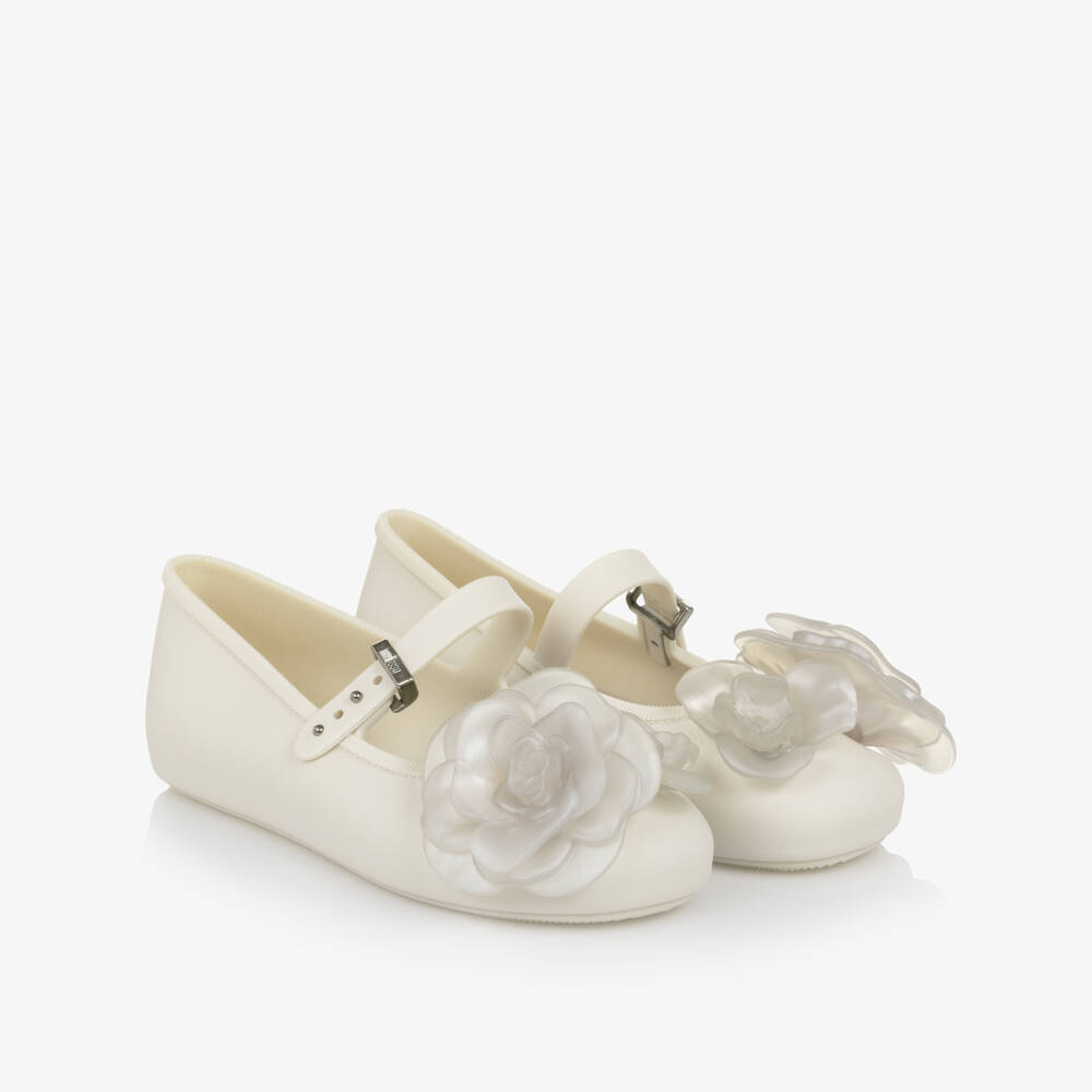 Mini Melissa-Girls Ivory Jelly Ballerina Pumps with Flowers | Childrensalon Outlet