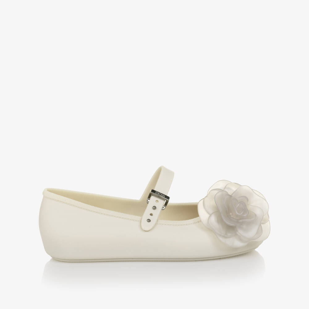 Mini Melissa-Girls Ivory Jelly Ballerina Pumps with Flowers | Childrensalon Outlet