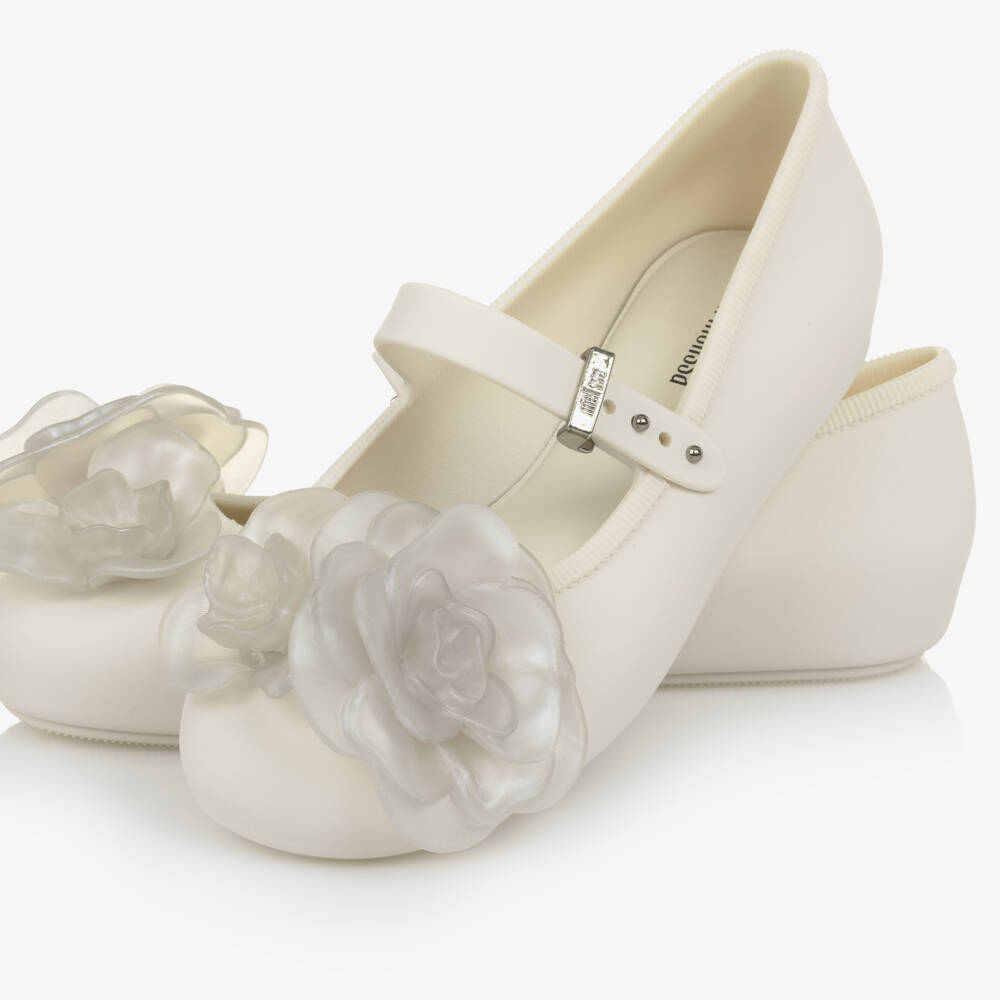 Mini Melissa-Girls Ivory Jelly Ballerina Pumps with Flowers | Childrensalon Outlet