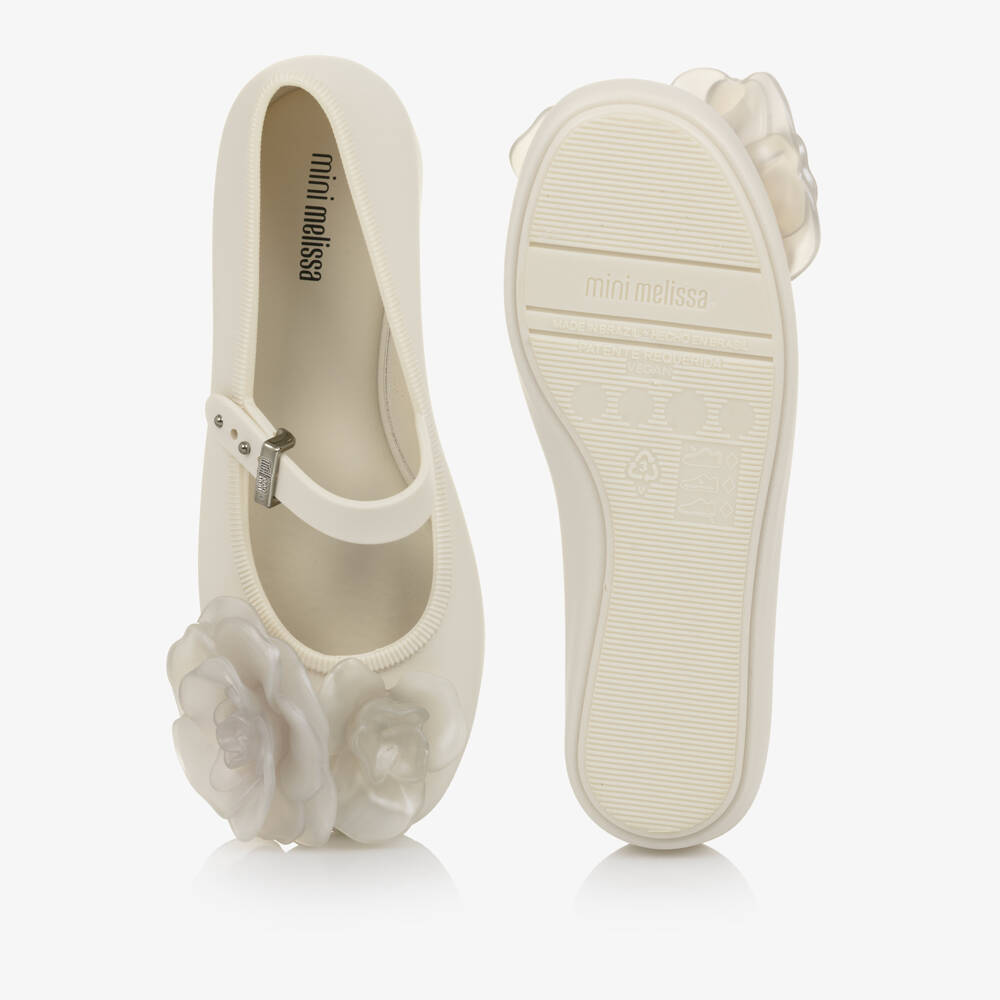 Mini Melissa-Girls Ivory Jelly Ballerina Pumps with Flowers | Childrensalon Outlet