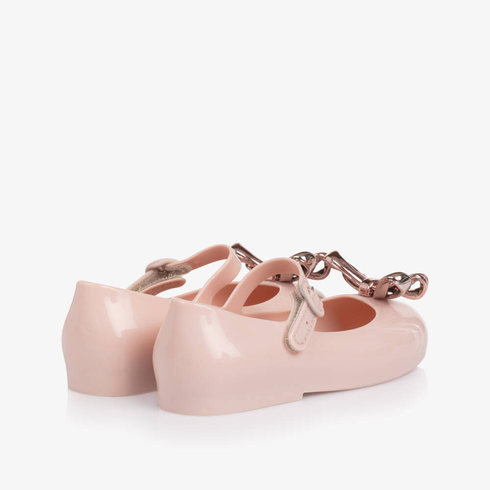 Mini Melissa-Girls Pink Jelly Pumps with Rose Gold Bow | Childrensalon Outlet