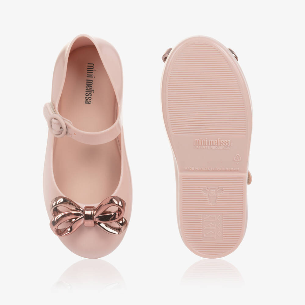 Mini Melissa-Girls Pink Jelly Pumps with Rose Gold Bow | Childrensalon Outlet