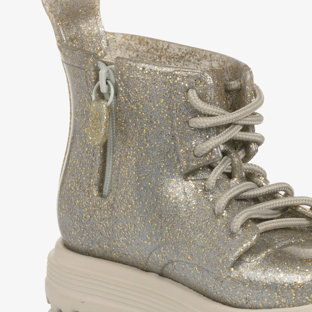 Mini Melissa-Girls Shimmery Silver Boots with Gold Glitter | Childrensalon Outlet