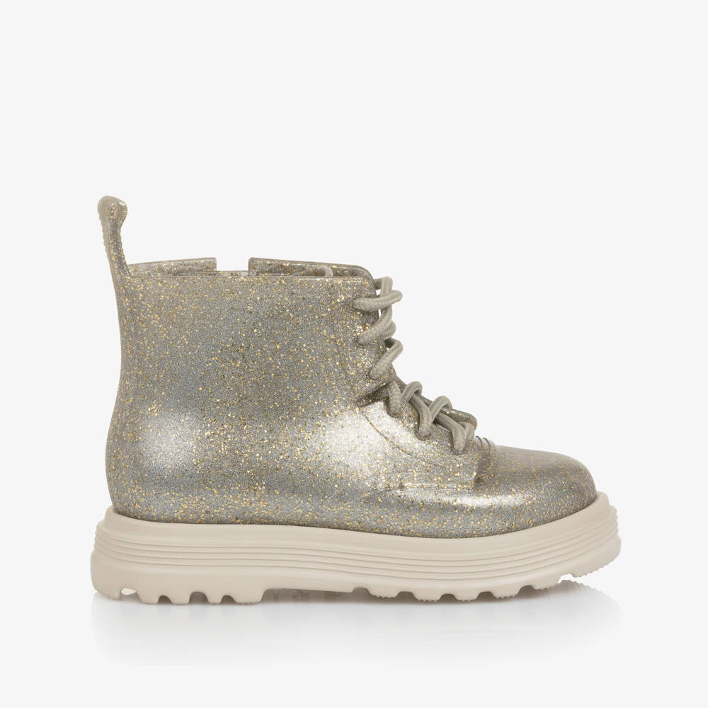 Mini Melissa-Girls Shimmery Silver Boots with Gold Glitter | Childrensalon Outlet