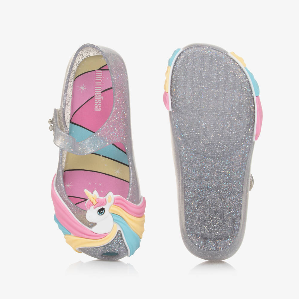 Mini Melissa-Блестящие серебряные туфли единорога для девочек | Childrensalon Outlet