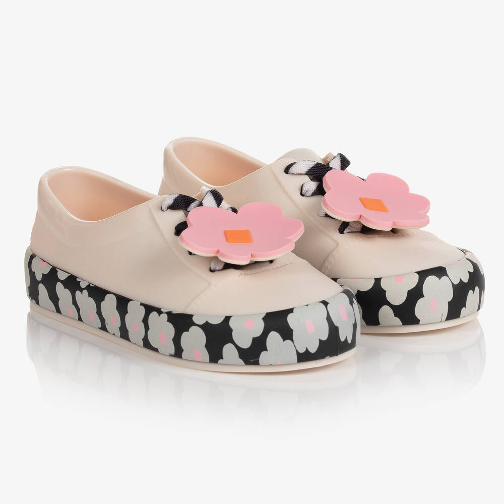 Mini Melissa - Бело-розовые резиновые кроссовки с цветами | Childrensalon