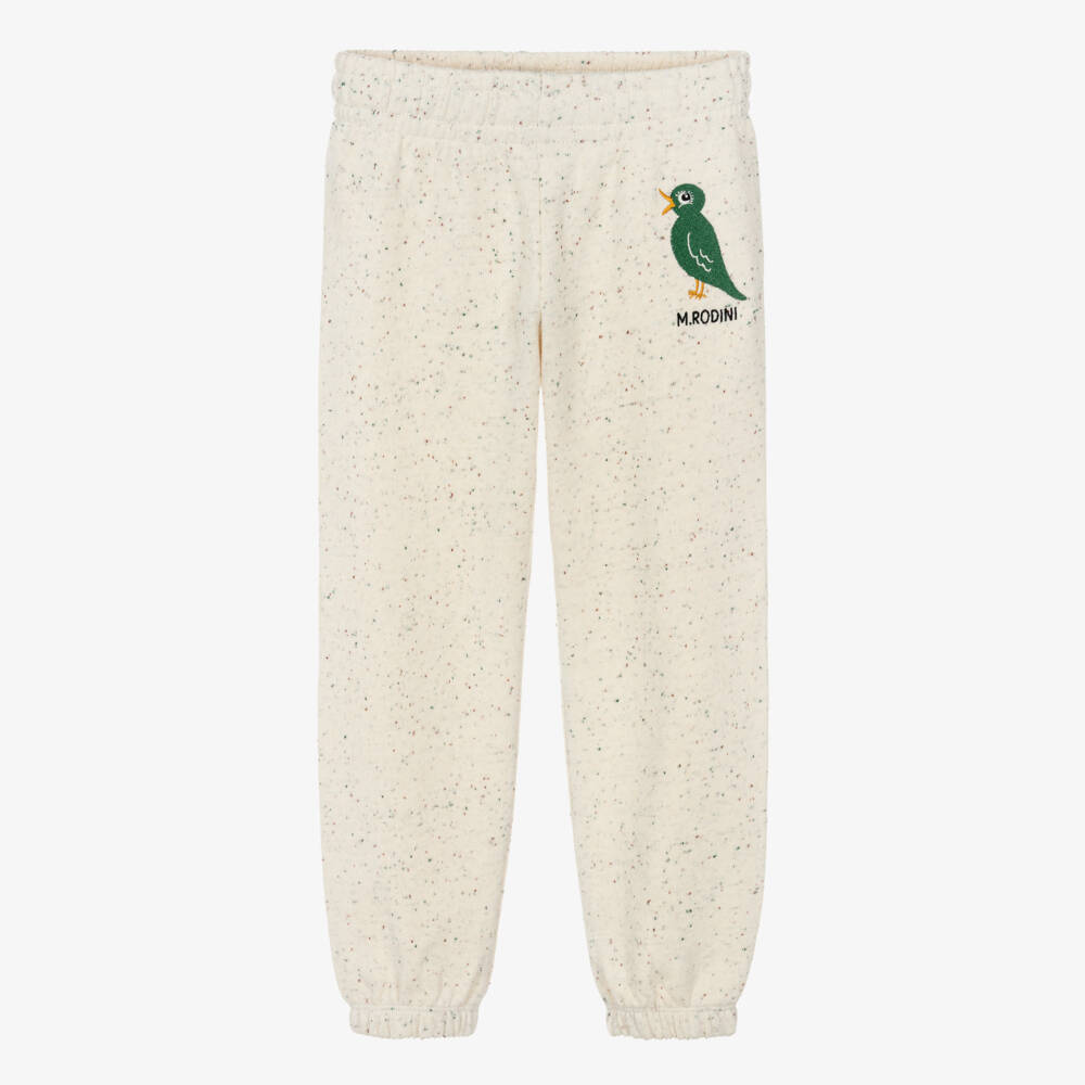 Mini Rodini-Beige Organic Cotton Joggers with Embroidered Green Bird | Childrensalon Outlet