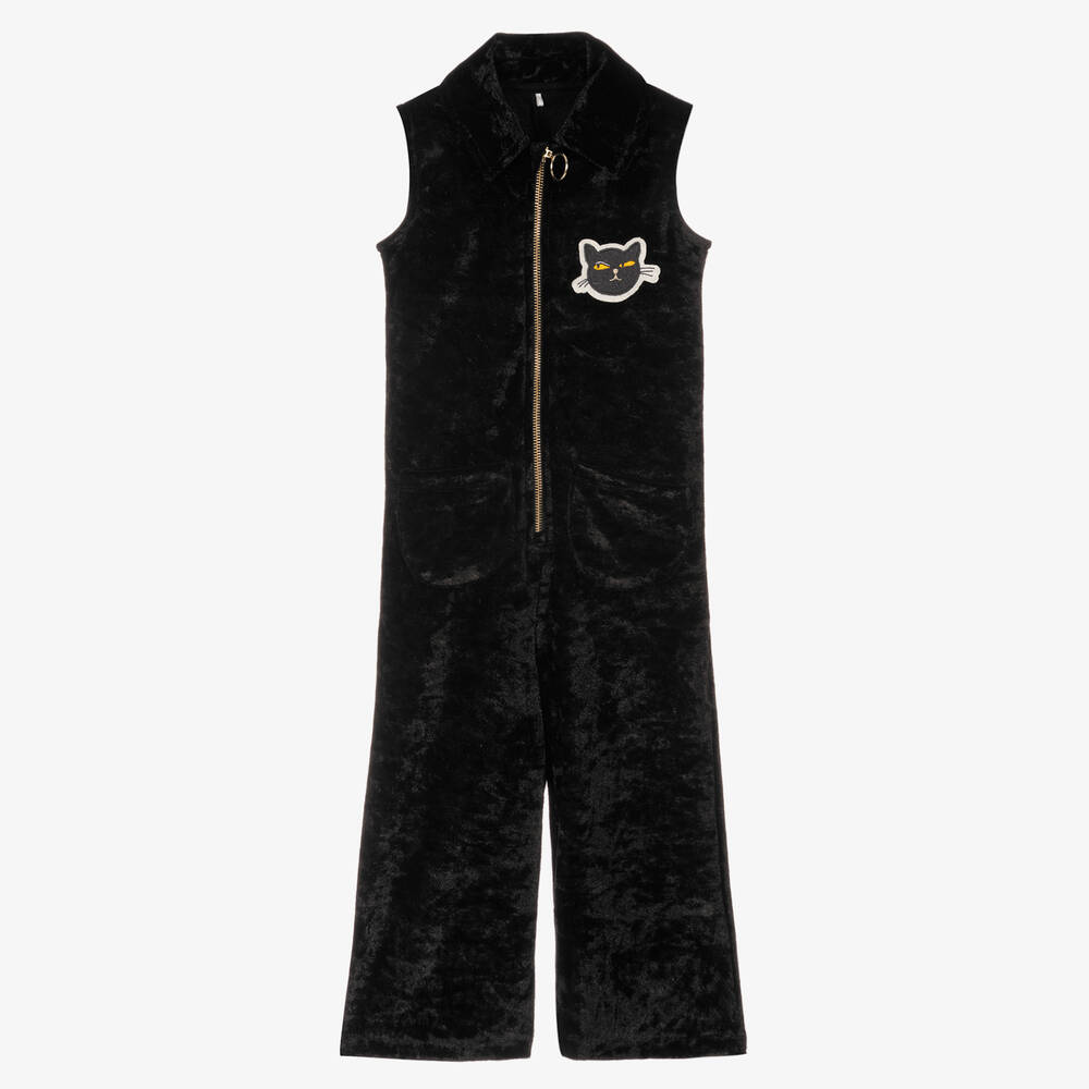 Mini Rodini - Schwarzer Katzen-Velours-Jumpsuit | Childrensalon