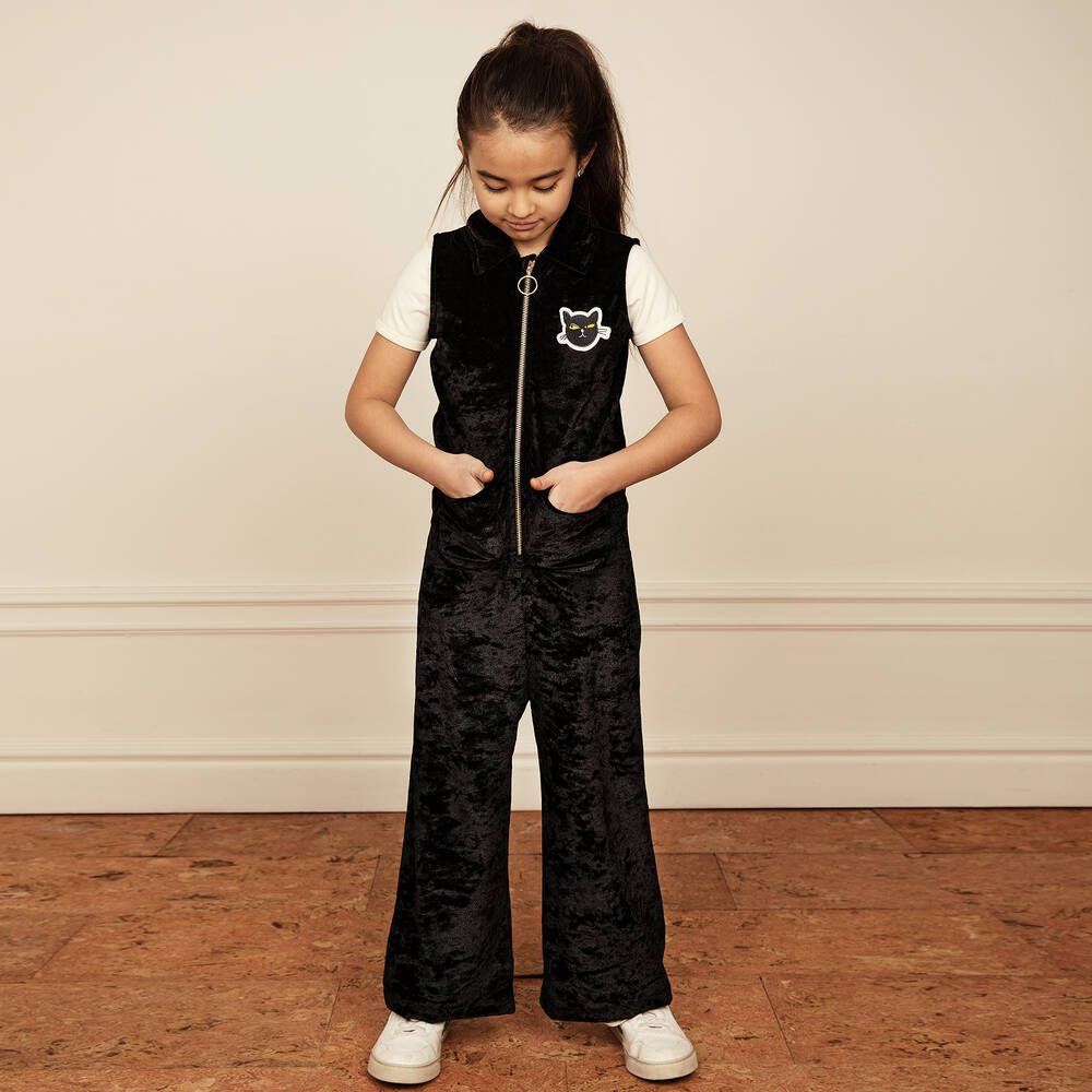 Mini Rodini-Black Cat Velour Jumpsuit | Childrensalon Outlet