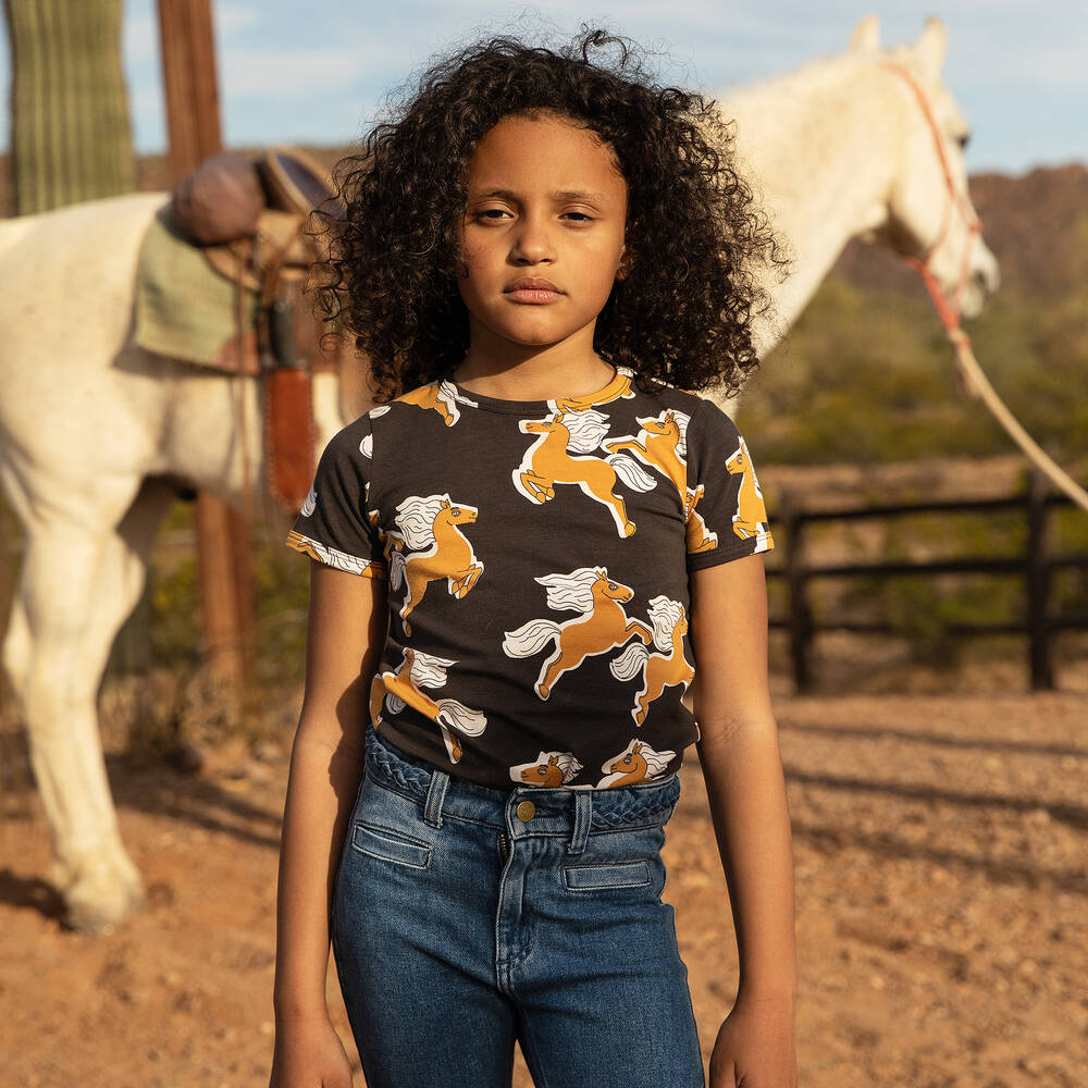 Mini Rodini-Black Cotton Horse T-Shirt | Childrensalon Outlet