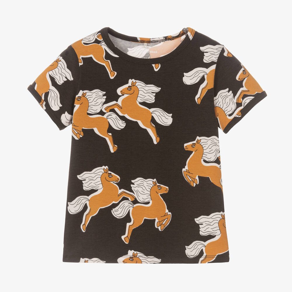 Mini Rodini - Black Cotton Horse T-Shirt | Childrensalon