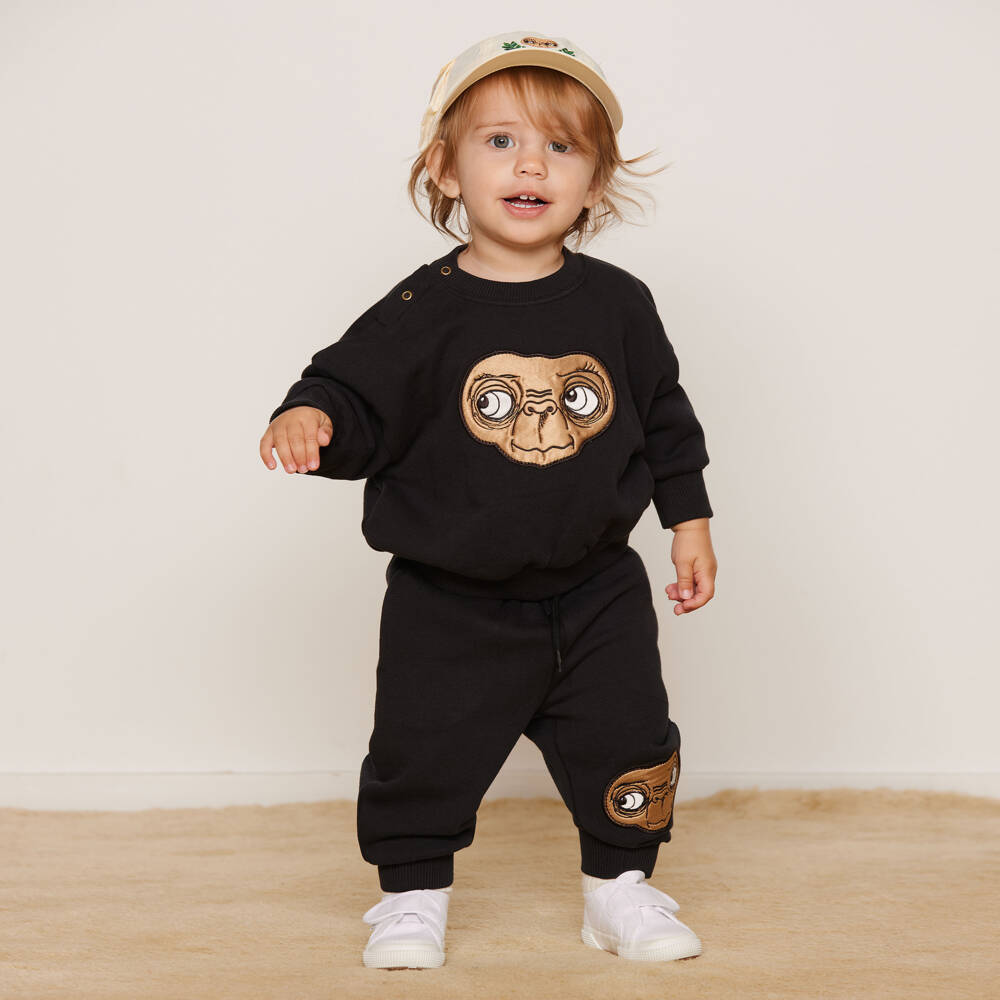 Mini Rodini-Black Cotton Joggers with Brown Satin E.T. Appliqué | Childrensalon Outlet