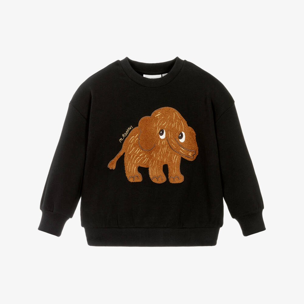 Mini Rodini-Black Cotton Sweatshirt with Mammoth Motif | Childrensalon Outlet