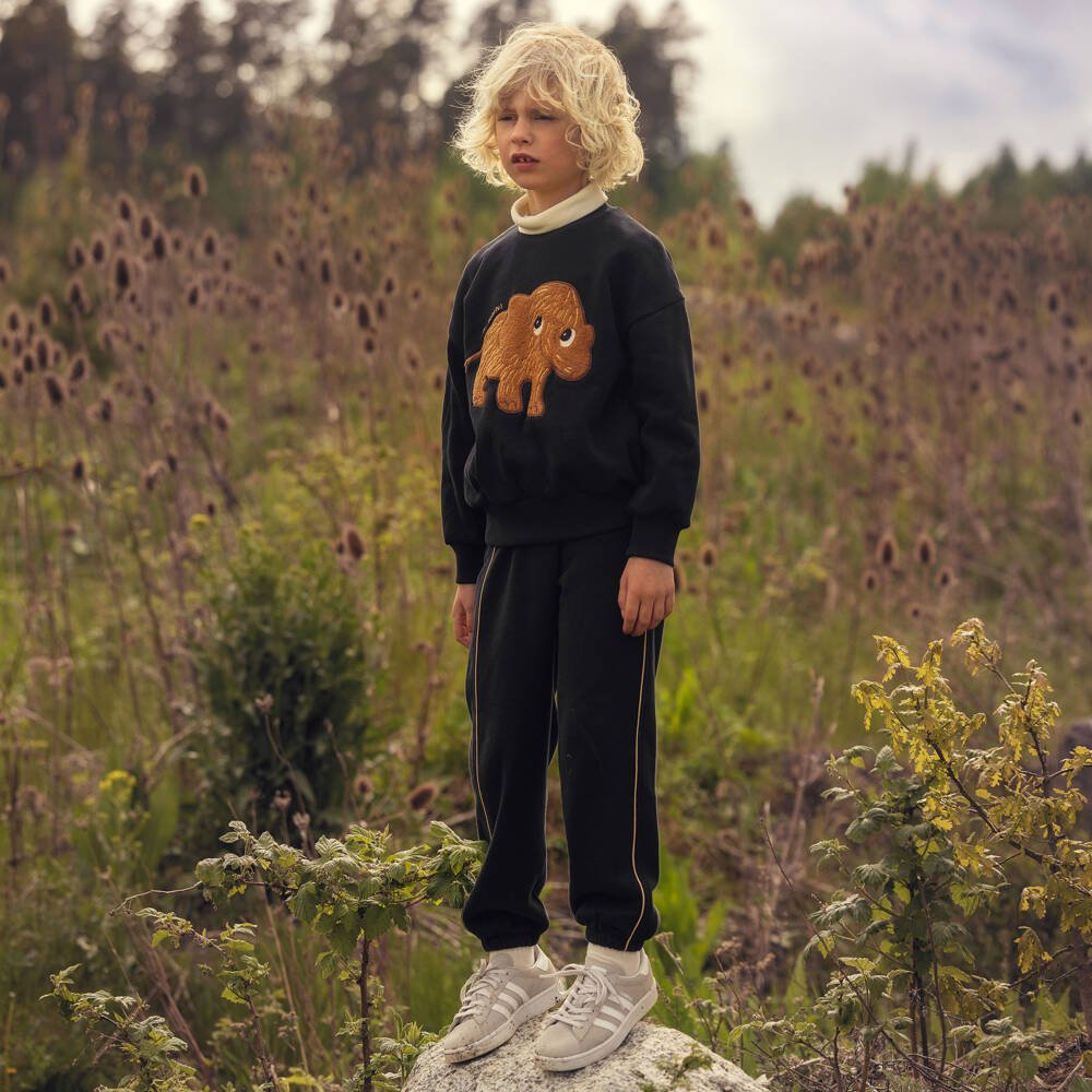 Mini Rodini-Black Cotton Sweatshirt with Mammoth Motif | Childrensalon Outlet