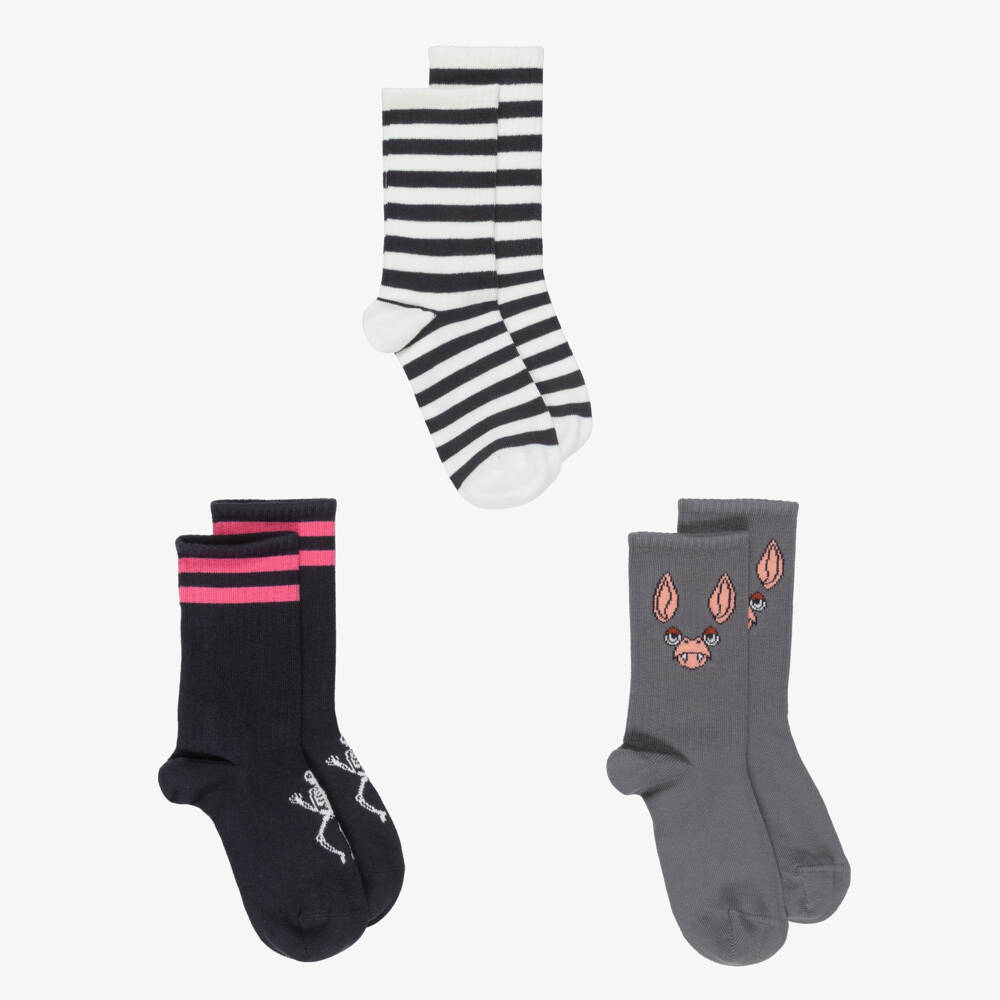 Mini Rodini-Black & Grey Organic Cotton Bat & Skeleton Socks (3 Pack) | Childrensalon Outlet