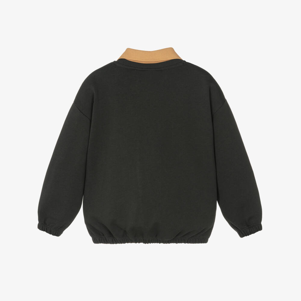 Mini Rodini-Black Organic Cotton Sweatshirt with Collar & Panther Patch | Childrensalon Outlet