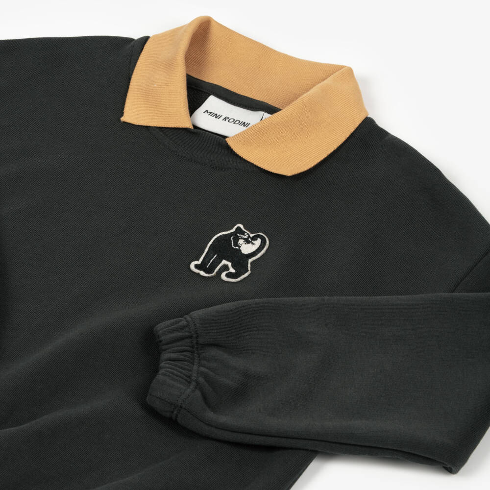 Mini Rodini-Black Organic Cotton Sweatshirt with Collar & Panther Patch | Childrensalon Outlet