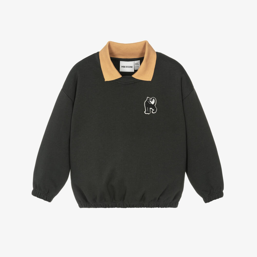 Mini Rodini-Black Organic Cotton Sweatshirt with Collar & Panther Patch | Childrensalon Outlet