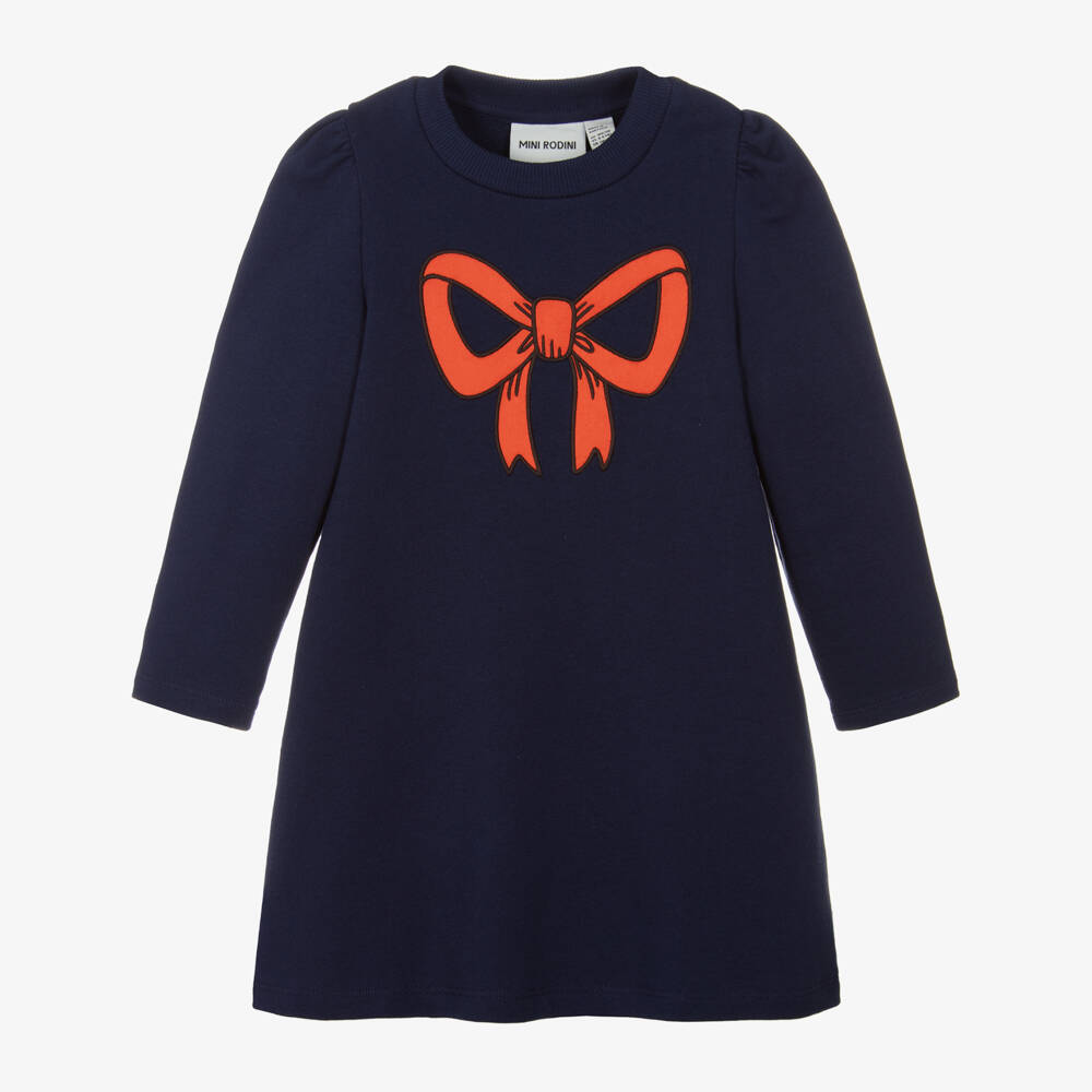 Mini Rodini-Платье из органического хлопка с синим бантом для девочек | Childrensalon Outlet