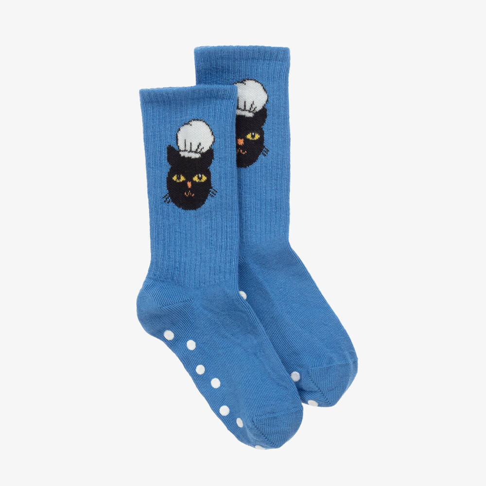 Mini Rodini - Blue Cotton Chef Cat Ankle Socks | Childrensalon