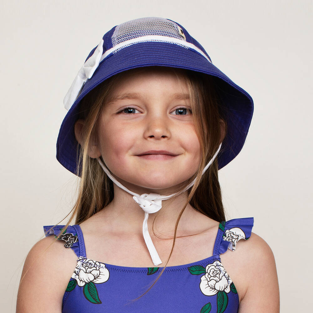 Mini Rodini-قبعة للشمس قطن عضوي تويل وشبك لون أزرق للبنات | Childrensalon Outlet