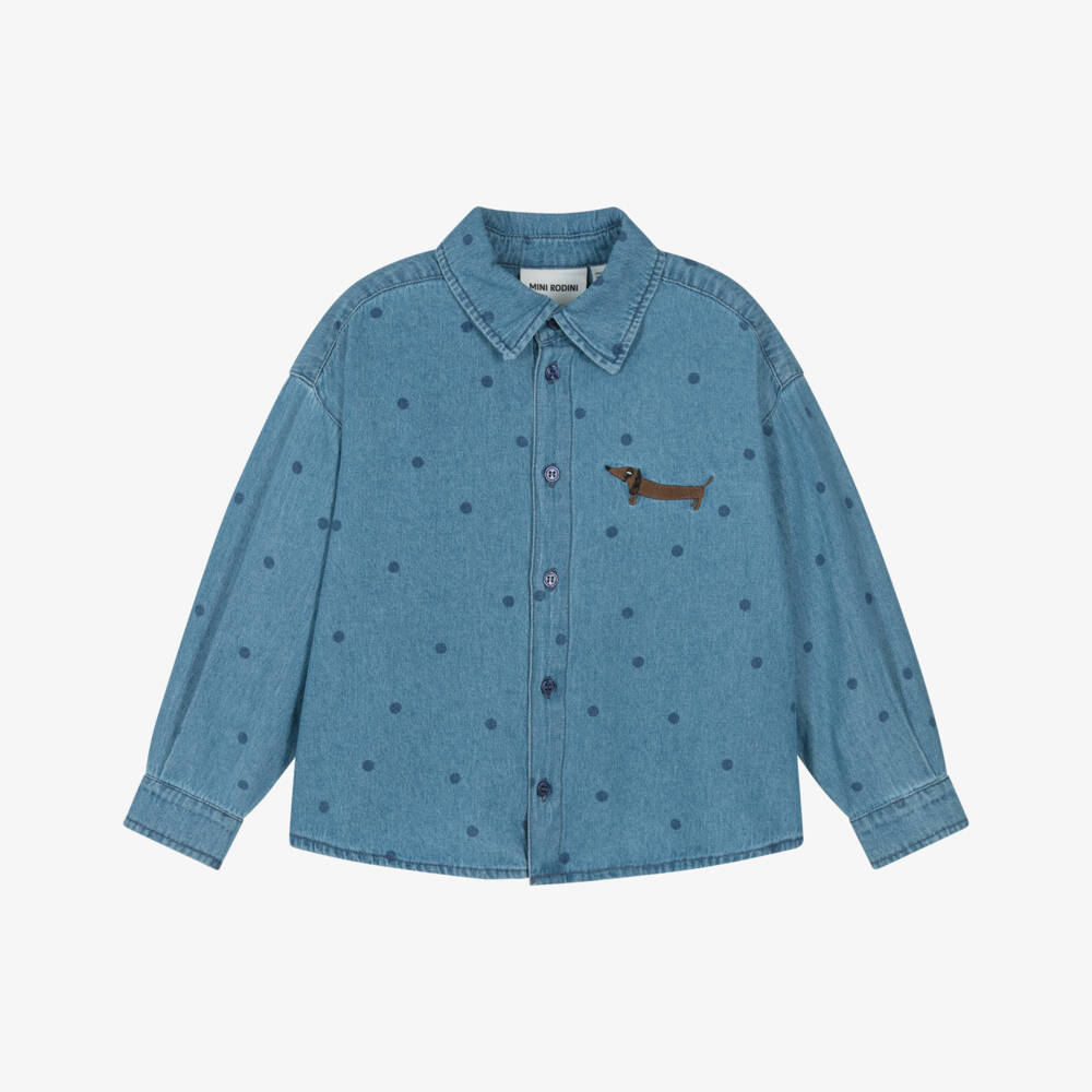 Mini Rodini-Blue Denim Polka Dot Shirt with Embroidered Dog Motif | Childrensalon Outlet