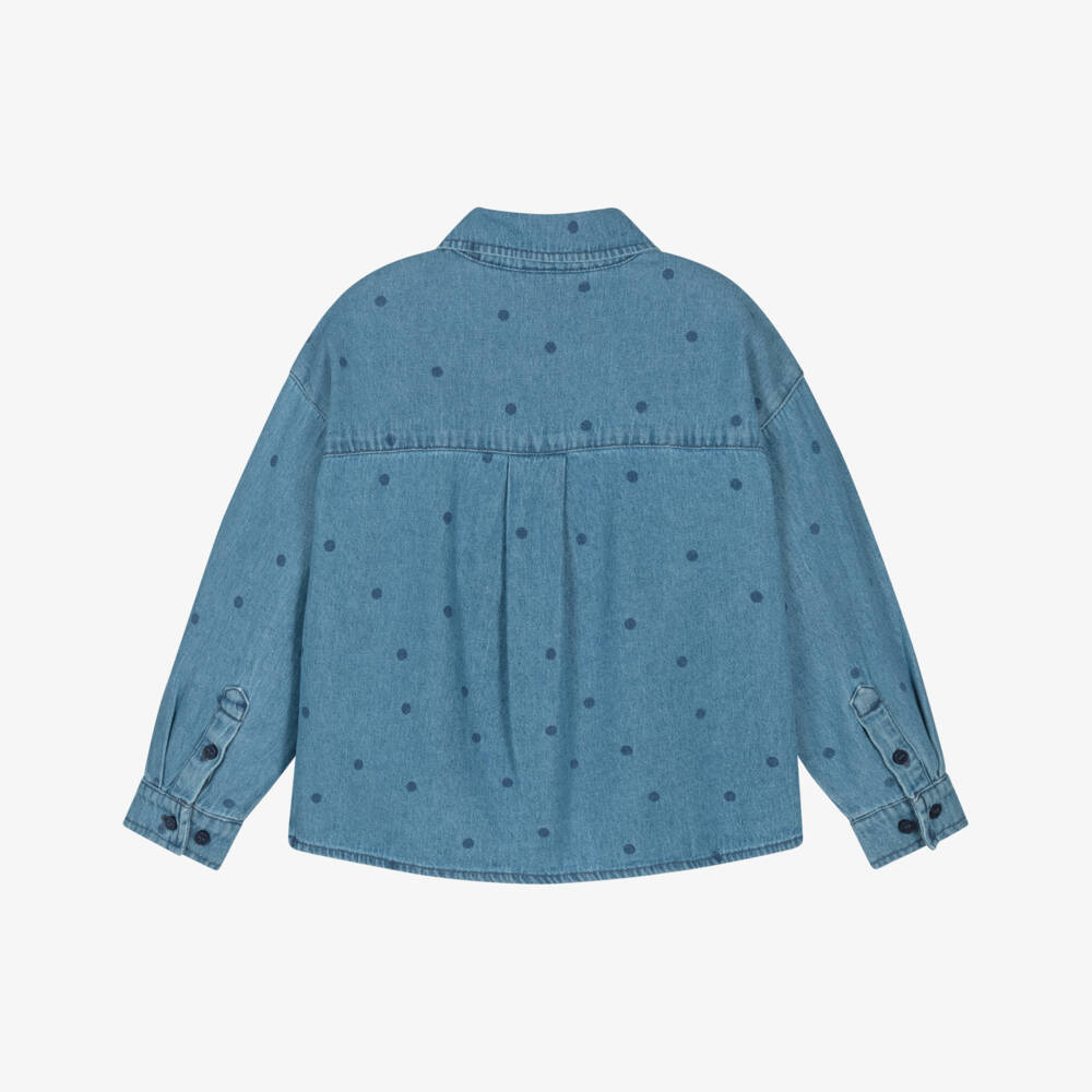 Mini Rodini-Blue Denim Polka Dot Shirt with Embroidered Dog Motif | Childrensalon Outlet