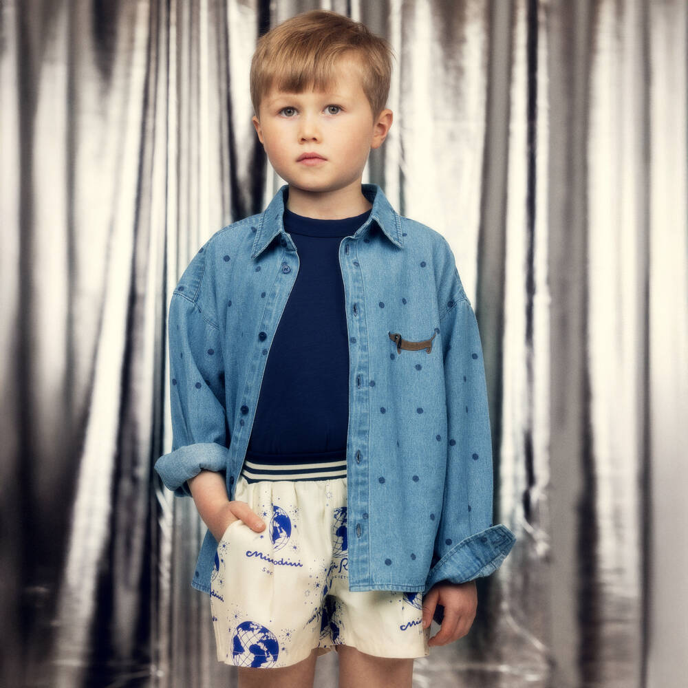Mini Rodini-Blue Denim Polka Dot Shirt with Embroidered Dog Motif | Childrensalon Outlet
