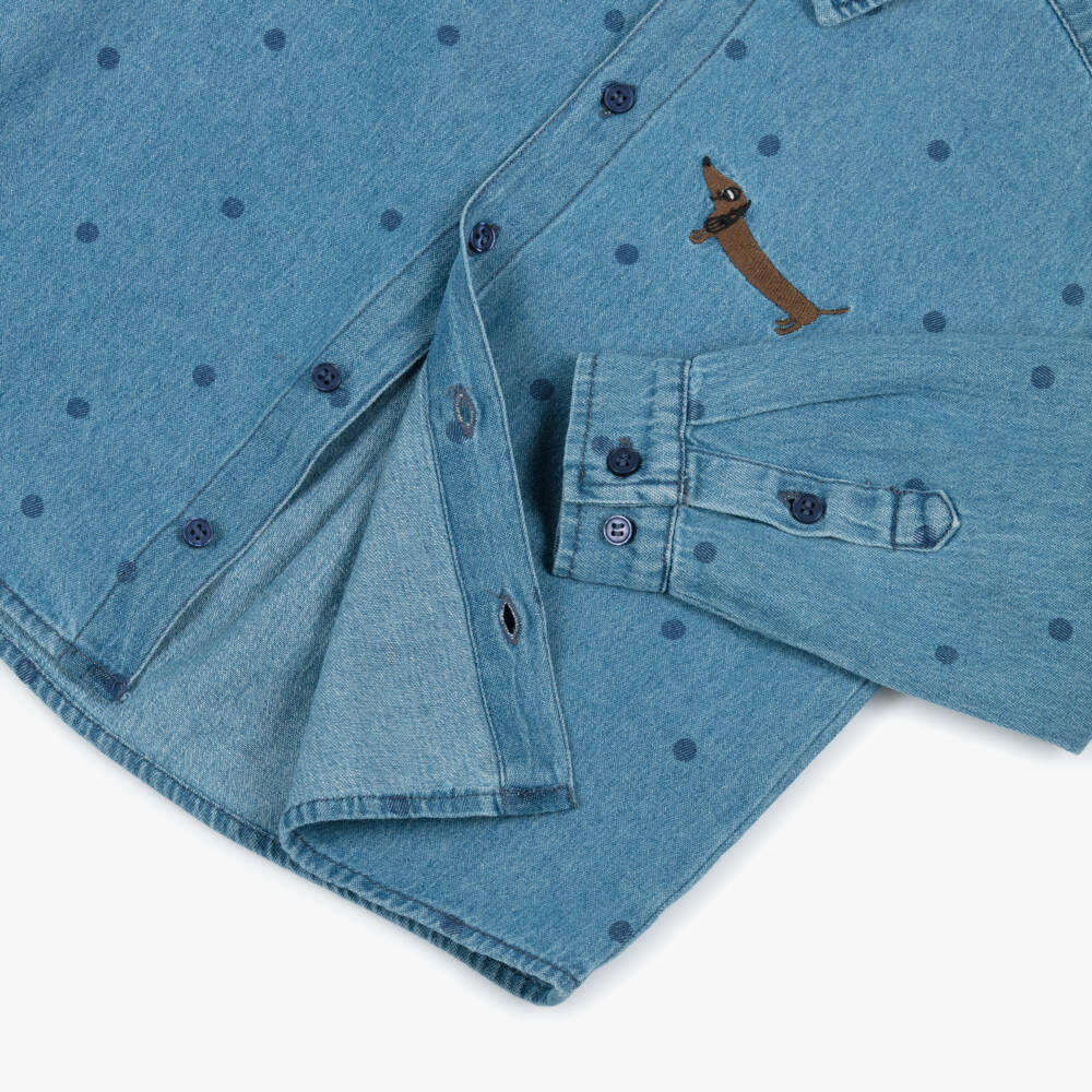 Mini Rodini-Blue Denim Polka Dot Shirt with Embroidered Dog Motif | Childrensalon Outlet