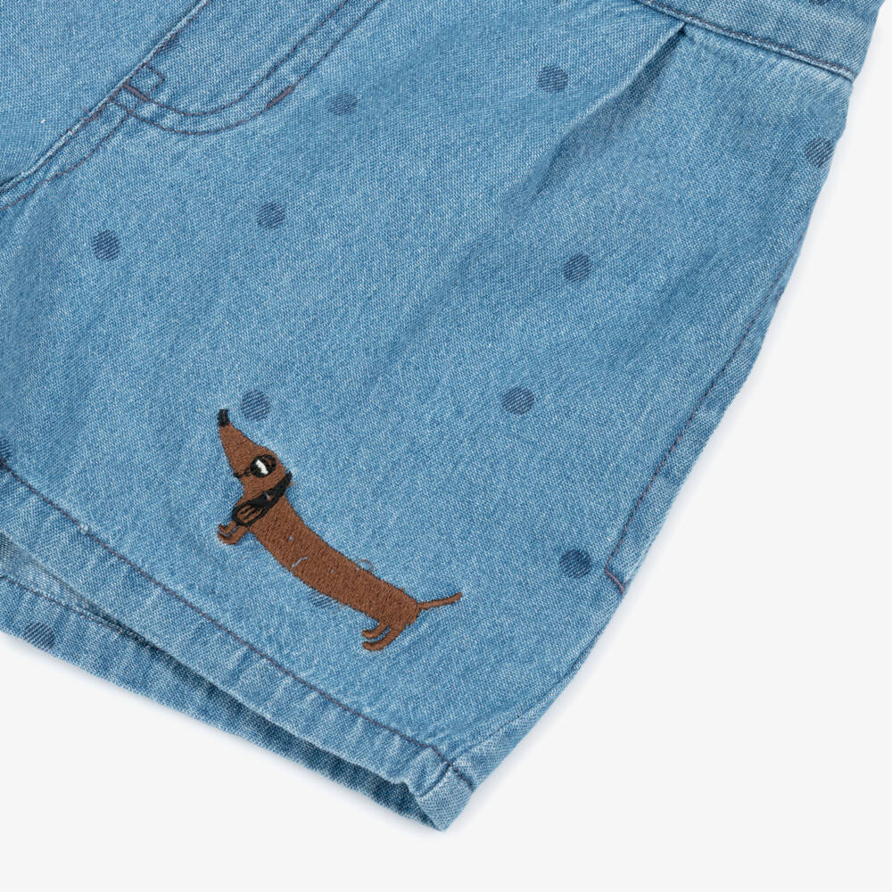 Mini Rodini-Blue Denim Polka Dot Shorts with Embroidered Dog Motif | Childrensalon Outlet