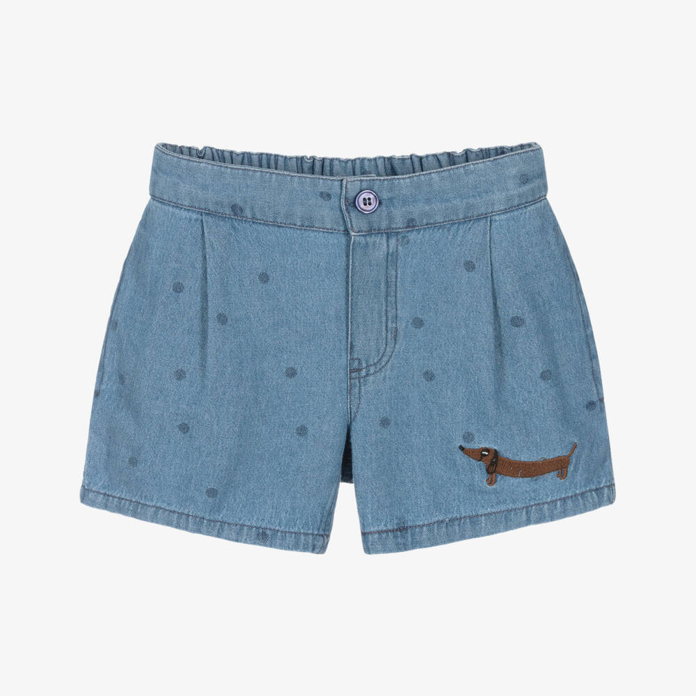 Mini Rodini-Blue Denim Polka Dot Shorts with Embroidered Dog Motif | Childrensalon Outlet