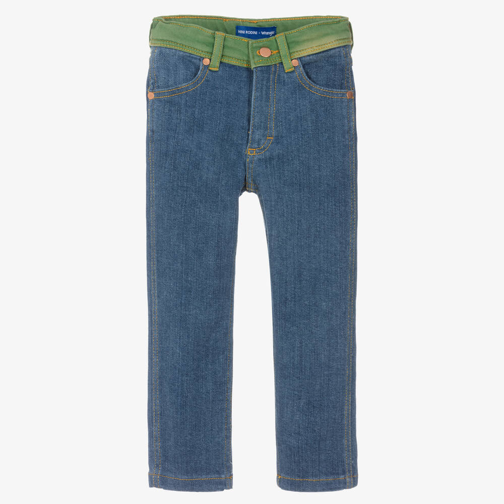 Mini Rodini - Blue & Green Denim Straight Fit Jeans | Childrensalon