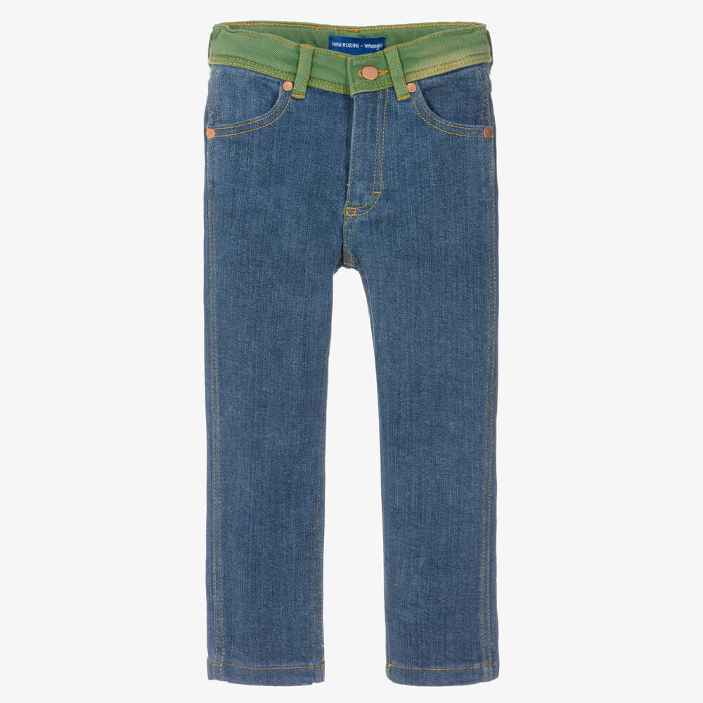 Mini Rodini - Jean droit bleu et vert en denim | Childrensalon