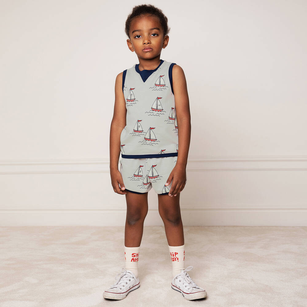 Mini Rodini-توب فيست قطن عضوي جيرسي لون أزرق ورمادي للأولاد | Childrensalon Outlet