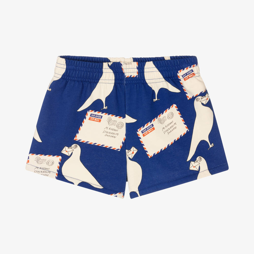 Mini Rodini - Blaue Biobaumwoll-Shorts mit Tauben | Childrensalon