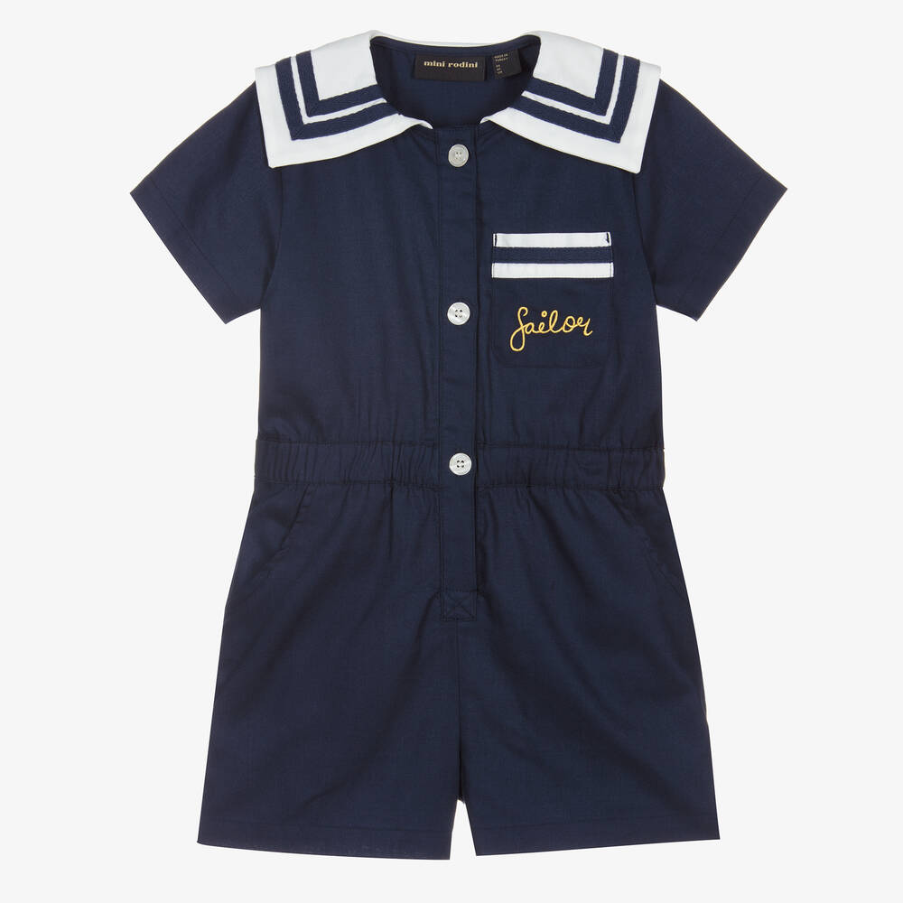 Mini Rodini - Blue Organic Cotton Playsuit | Childrensalon