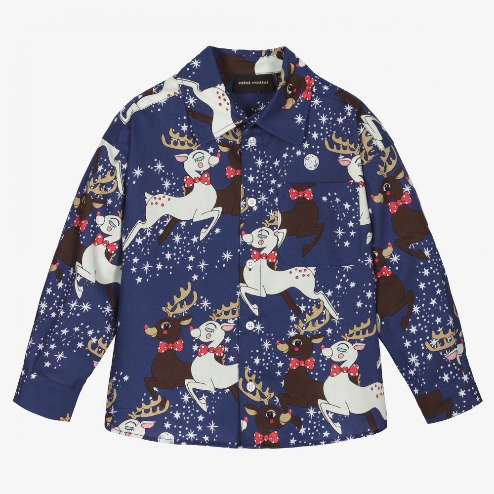 Mini Rodini - Blue Reindeer Cotton Shirt | Childrensalon