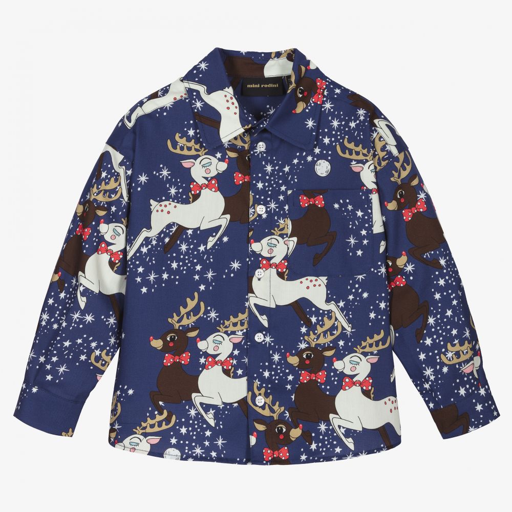 Mini Rodini-Blue Reindeer Cotton Shirt | Childrensalon Outlet
