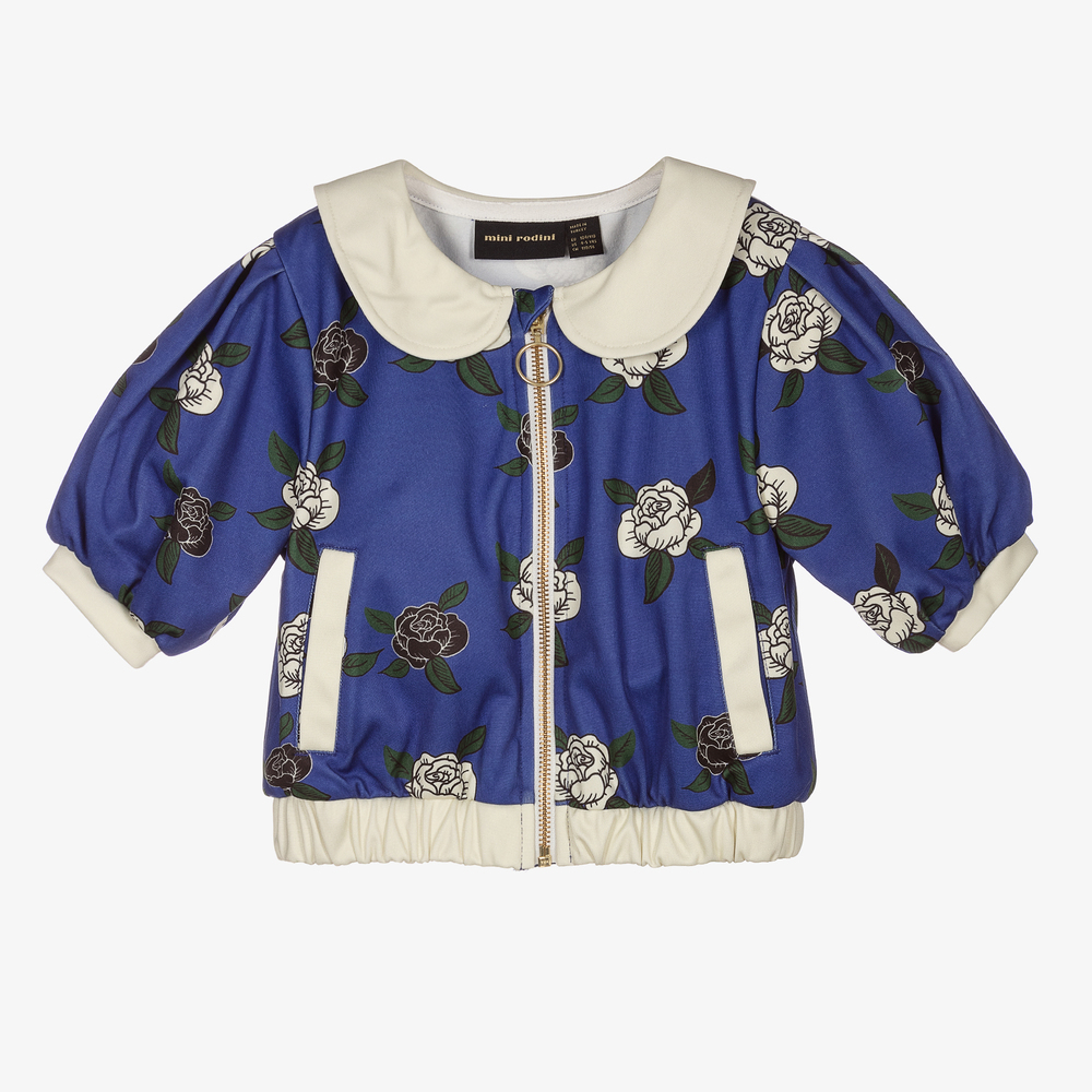 Mini Rodini - Blaue, kurze Jacke mit Rosen-Print | Childrensalon