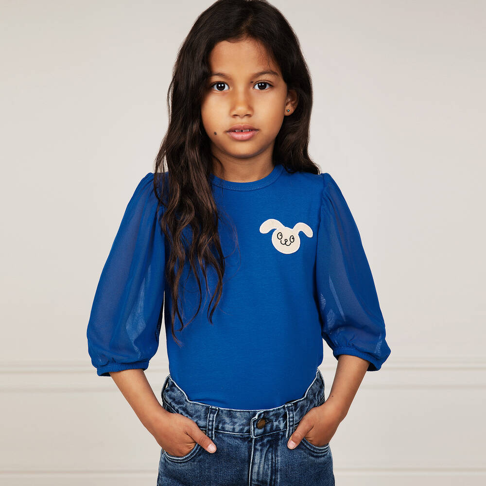 Mini Rodini-بلوز قطن جيرسي وتول لون أزرق | Childrensalon Outlet
