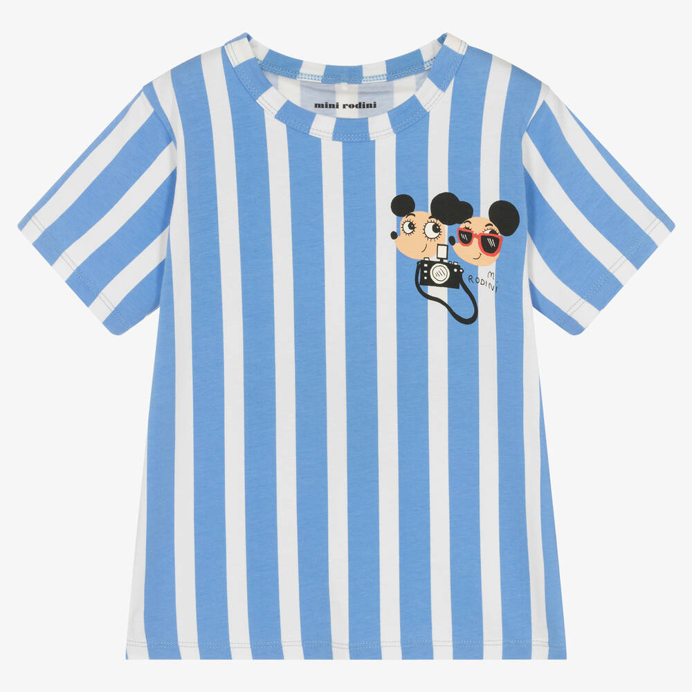 Mini Rodini - Blue & White Striped Cotton Ritzratz T-Shirt | Childrensalon