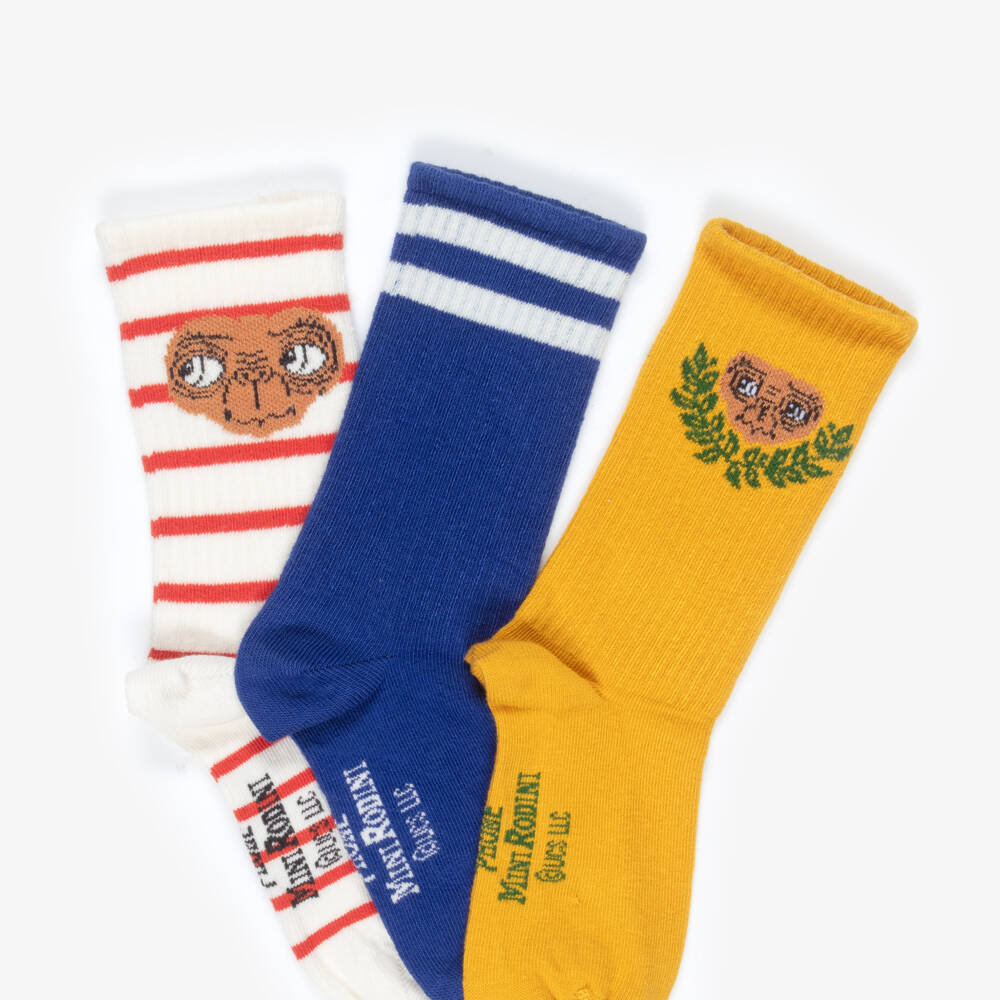 Mini Rodini-Blue, Yellow & Red Stripe E.T. Cotton Socks (3 Pack) | Childrensalon Outlet