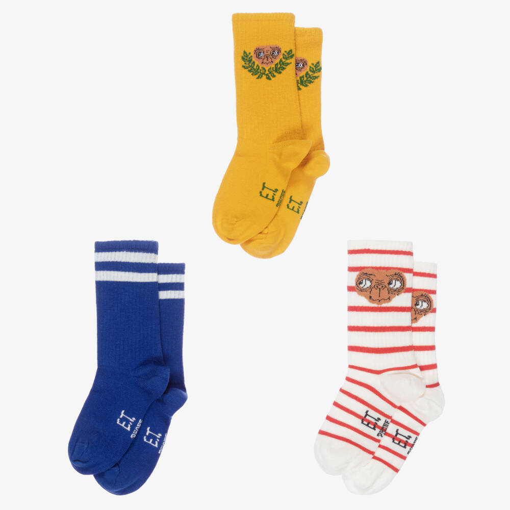 Mini Rodini-Blue, Yellow & Red Stripe E.T. Cotton Socks (3 Pack) | Childrensalon Outlet