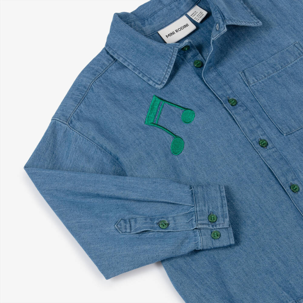 Mini Rodini-Рубашка из синего шамбре с музыкальным принтом для мальчиков | Childrensalon Outlet