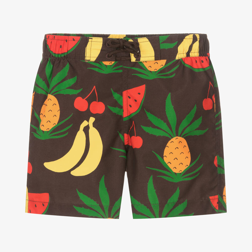 Mini Rodini - Boys Brown Fruit Print Swim Shorts | Childrensalon