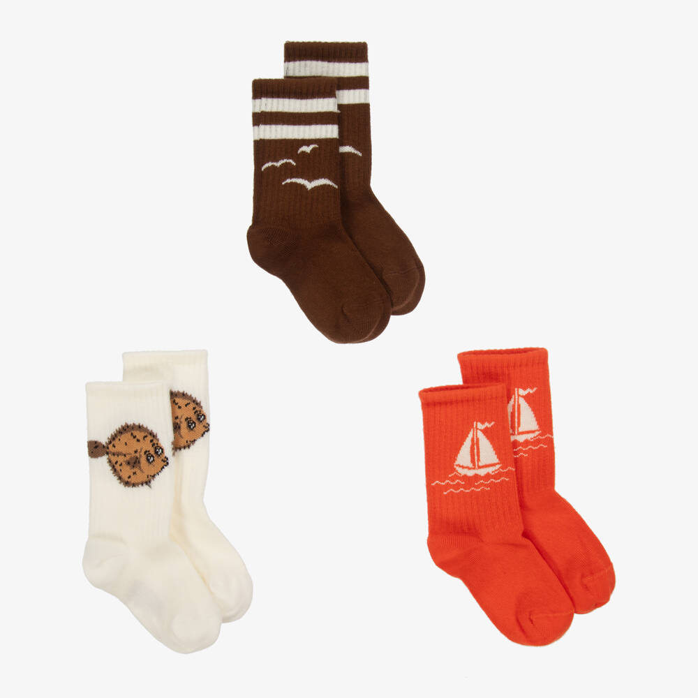Mini Rodini-Boys Brown & Orange Eco Socks Trio | Childrensalon Outlet