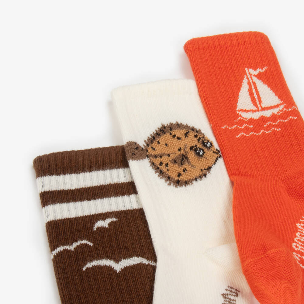 Mini Rodini-Boys Brown & Orange Eco Socks Trio | Childrensalon Outlet